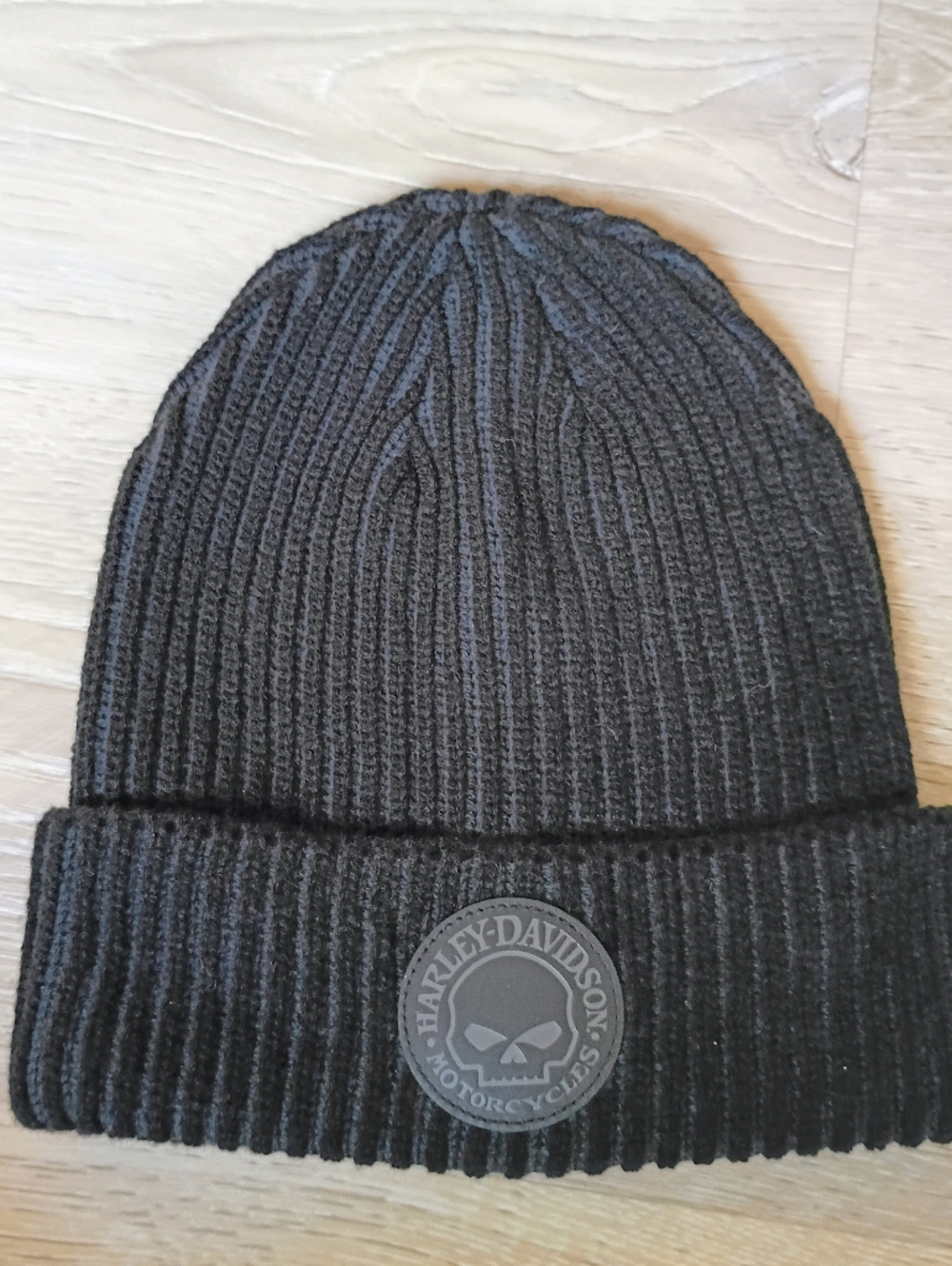 Harley Davidson Black Ribbed Knit Beanie Hat Logo Patch Biker Winter Cap
